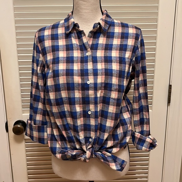 26.Madewell Plaid Flannel Tie-Front Shirt in Blue Shadow, Size Medium, NWOT - Picture 5 of 17
